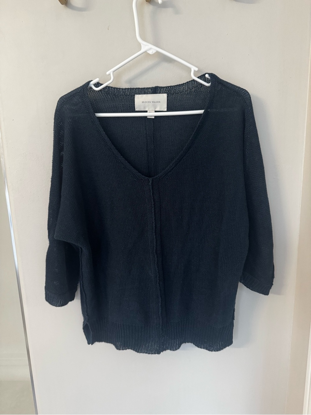 Brochu Walker Blue V Neck Open Knit Sweater 3/4 Sleeve- medium